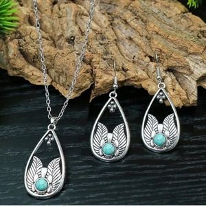 Bohemian Silver Turquoise Matching Necklace & Earring Set